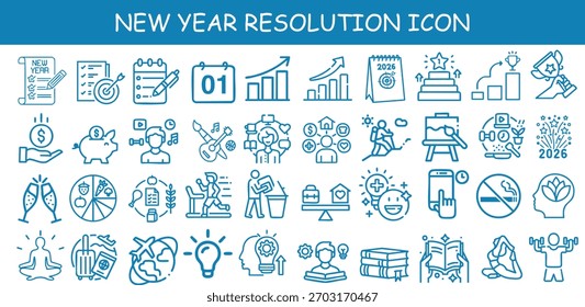  Conjunto de ícone de resolução de Ano Novo feliz minimal com metas, fitness, produtividade, bem-estar, finanças, criatividade e símbolos de autoaperfeiçoamento. Perfeito para planejador, aplicativo, infográfico e design moderno.