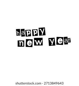Tipografía mínima de feliz año nuevo con letras de estilo recortado sobre fondo blanco, celebrando nuevos comienzos, positividad, celebración, vacaciones y concepto de inicio fresco.
