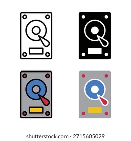 Minimal hard disk icon in outline and solid style, representing data storage, HDD, computer hardware and digital memory systems.