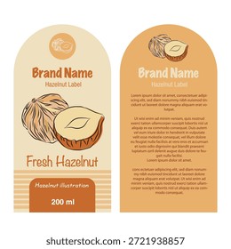 Minimale Haselnuss-Etiketten mit handgezeichnetem Stil, Verpackungsdesign mit Frucht-Symbolen und Text, minimales und buntes Etikett, Etikettenaufkleber für die Verpackung, bearbeitbare druckfertige Vektorvorlagen-Datei-Illustration herunterladen, Obst und Nüsse Food Label-Vorlagen-Set. Abstrakte Vektorverpackung Design Layouts Kollektion, Umrisszeichnung Design