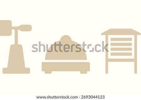 A minimal header strip displays three hotel style amenities including a table lamp a ringing bell and a wardrobe cabinet