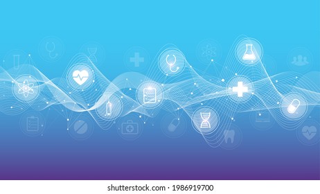 Minimal health care banner template with flat icons. Healthcare medicine concept. Medical innovation technology pharmacy banner. Vector illustration