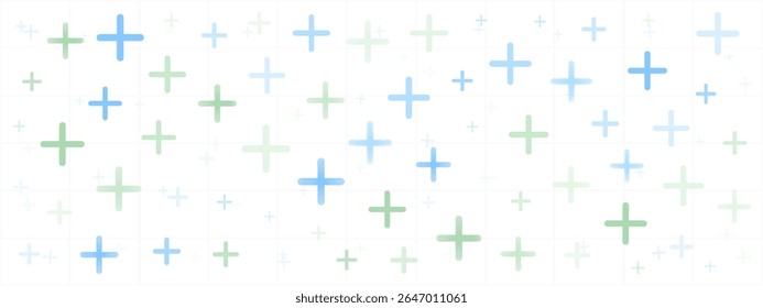 Padrão de saúde mínimo com cruzes coloridas no branco. Adequado para aplicativos hospitalares, sites médicos ou visuais de ciência. Composição limpa e repetida.