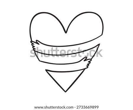 Minimal heart embraced by arms symbol, hugging heart line hand drawn doodle clean black line logo concept for wellness brands and nonprofit campaigns, scalable vector friendly for merchandise and web