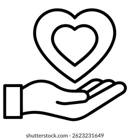 Minimal Heart in Hand Vector Icon symbolizing care, love, and support. Great for healthcare, charity, volunteer work, wellness, support services, mental health, caregiving and minimalist design use.