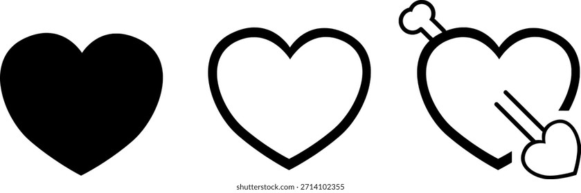 Minimal heart icon set featuring solid black heart, outlined heart, and arrow heart for love and romance themes.