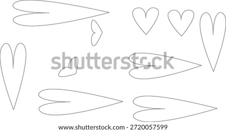 Minimal heart wing outline shapes and elongated love symbols in simple clean line art vector