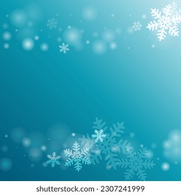 Minimal heavy snow flakes composition. Snowfall speck ice particles. Snowfall sky white teal blue backdrop. Vivid snowflakes january vector. Snow hurricane scenery.