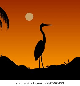 Minimal Heron Silhouette at Sunset Tropical Landscape Vector Illustration