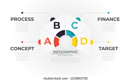 Minimal hexagonal infographic with 4 colorful steps template. Chart workflow process layout. Modern vector illustration for company or corporate business project and presentation. Trendy Eps10 design