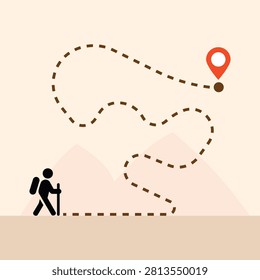 Minimal hiking route map featuring a winding trail, destination pin, and backpacker icon, perfect for adventure travel, trekking, navigation, and tourism.