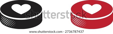 Minimal hockey puck illustration featuring a heart shape on top, symbolizing love, romance, and passion for ice hockey. Clean flat vector design in black and red color variations, ideal for Valentine’s Day sports concepts, romantic athletic themes, love-themed gifts, t-shirts, stickers, posters, greeting cards, logos, and modern sports branding. Isolated on white background with bold minimalist style and simple geometric shapes.