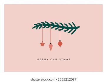 A minimal holiday card with a cute tree branch and three ornaments