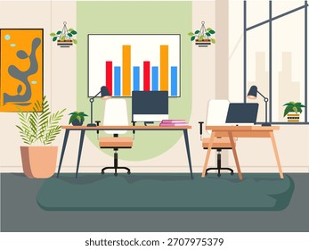 Minimal Home Office Desk Setup with Computer, Chair, Plants and Dark Wall Modern Office Background Vector