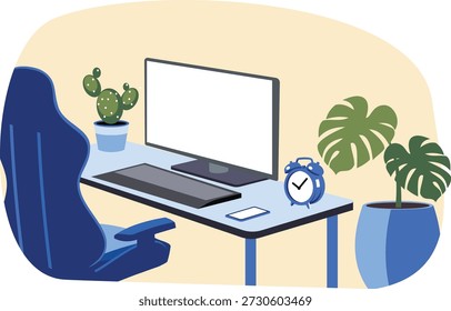 Configuración mínima de escritorio de oficina en el hogar con ilustración de computadora y reloj