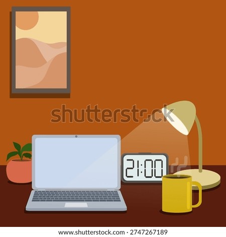 Minimal home office desk setup at night with laptop, desk lamp, coffee mug and digital clock showing 21:00. Cozy remote work and productivity concept.