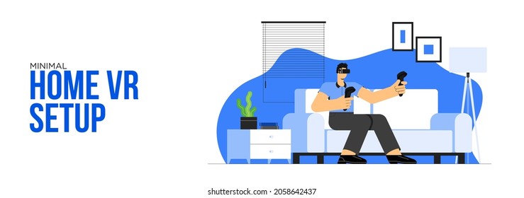 Minimal home vr setup A young man using a virtual reality headset  immersive experience simulator Boy playing in VR games vector illustration flat style design animation ready character