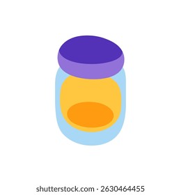 Minimal honey jar icon cartoon showing a simplified transparent jar filled with honey and sealed with a purple lid, isolated on white.