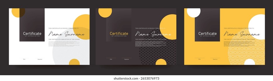 Minimal horizontal certificate set in modern style with abstract geometric shapes and white gray yellow color tones