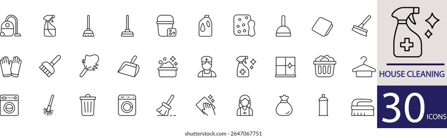 Minimal House Cleaning Line Icon Set  30 Outline Style Designs for Home, Tools, and Sanitation