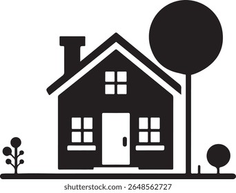 Minimal house icon with tree in black and white for property and real estate