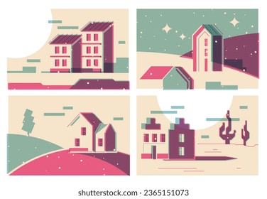 Minimal house landscape. Riso print of cozy countryside with minimal abstract rural scenery. Country cottage color printing template. Summer home vector background. Property in meadow