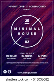 "Minimal house" party poster. Futuristic flyer design. Dark background with line shapes in motion. Eps10 vector template.