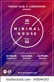 "Minimal house" party poster. Futuristic flyer design. Dynamic background with line shapes in motion. Eps10 vector template.