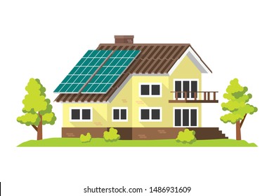 Minimal House With Solar Cells Panel On The Roof In Shadow Flat Style Isolated Vector