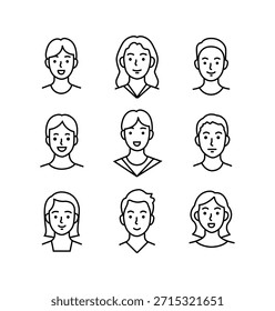 Minimal human face avatar line icons with clean outlines, editable vector set for UI design.