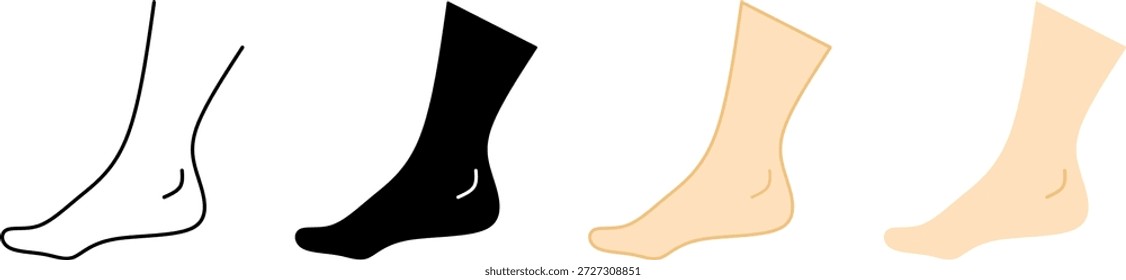 Ícone de vetor de pé humano mínimo e tornozelo definido em contorno, estilos de tom de pele e sólido preto. Ideal para medicina, anatomia, calçado, moda, IU e design infográfico.