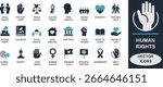 Minimal human rights icon set featuring justice, equality, freedom, dignity, and protest symbols. Ideal for campaigns, apps, legal aid, education, and awareness projects.