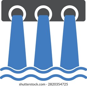 Minimal hydroelectric dam vector icon. Flat design illustration showing water flowing through spillway pipes into waves, representing water power, green energy, and sustainable electricity generation.