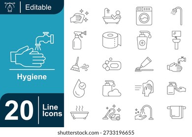 Minimal hygiene icon set illustrating cleaning, hand washing, sanitation, and personal care. Crafted with consistent outline strokes for clear communication in health guidelines, signage, and safety visuals.