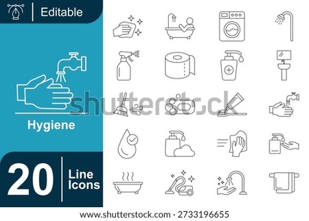 Minimal hygiene icon set illustrating cleaning, hand washing, sanitation, and personal care. Crafted with consistent outline strokes for clear communication in health guidelines, signage, and safety visuals.