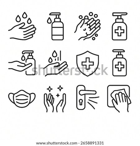 Minimal Hygiene Icons Set – Clean Hands, Sanitizer, Safety Symbols