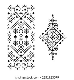 Minimal Icelandic inspired tribal line art vector pattern collection, geometric designs inspired by old Nordic Viking rune art. Black and white tribal or neotribal modern ornamental designs ornaments

