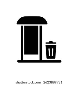 Minimal Icon of Bus Stop with Attached Trash Bin Solid Black Silhouette – Public Transport