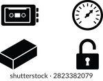 Minimal icon collection featuring a cassette tape, analog gauge, construction brick, and open padlock in clean silhouette style isolated on a white background. Ideal for multimedia, security, construction, engineering, mobile apps, websites, infographics, and commercial graphic design projects.