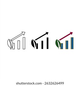 A minimal icon combining a leaf and rising bar chart, symbolizing eco-friendly business progress. Provided in outline, solid, and color styles.