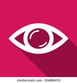 Minimal Icon of an eye, for vision, with shining (sparkling) iris, on a reddish background

