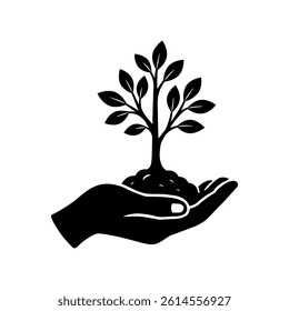 Minimal icon of hand cradling a tiny tree sprouting from soil, symbolizing growth