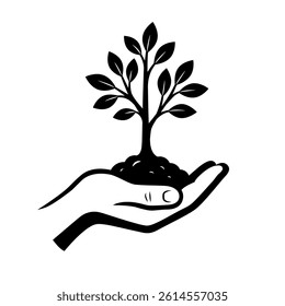 Minimal icon of hand cradling a tiny tree sprouting from soil, symbolizing growth