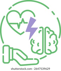 Minimal icon of heart and brain care — stroke and heart attack support in green purple lines