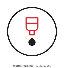 Uma ilustração de ícone mínimo exibindo um dispensador de tinta vermelha com uma gota preta embaixo. O design é limpo e moderno, com foco na clareza e simplicidade. O gráfico é definido em relação a um