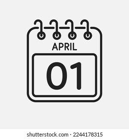 Minimal icon page calendar - 1 April. Vector illustration day of the month. 1th day of month Sunday, Monday, Tuesday, Wednesday, Thursday, Friday, Saturday. Template for anniversary, reminder, plan