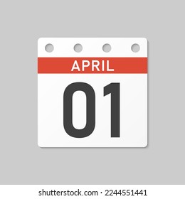 Minimal icon page calendar - 1 April. Vector illustration day of the month. 1th day of month Sunday, Monday, Tuesday, Wednesday, Thursday, Friday, Saturday. Template for anniversary, reminder, plan