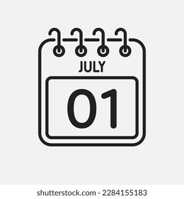 Minimal icon page calendar - 1 July. Vector illustration day of the month. 1th day of month Sunday, Monday, Tuesday, Wednesday, Thursday, Friday, Saturday. Template for anniversary, reminder, plan