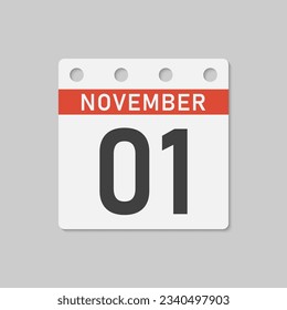 Minimal icon page calendar - 1 November. Vector illustration day of month. 1th day of month Sunday, Monday, Tuesday, Wednesday, Thursday, Friday, Saturday. Template for anniversary, reminder, plan