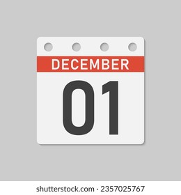 Minimal icon page calendar - 1 December. Vector illustration day of the month. 1th day of month Sunday, Monday, Tuesday, Wednesday, Thursday, Friday, Saturday. Template for anniversary, reminder, plan